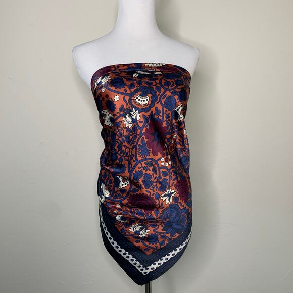 ASOS Navy Blue Rust Burgundy Black Paisley Floral Pattern Scarf  39.5" Square - Picture 1 of 6
